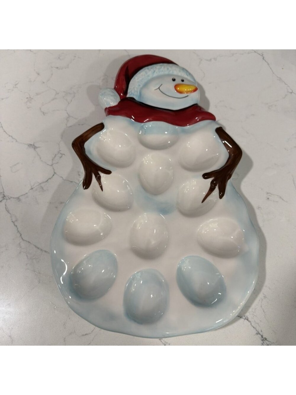 Tabletops Gallery Snowman Deviled Egg Platter Large Ceramic Christmas Multicolor